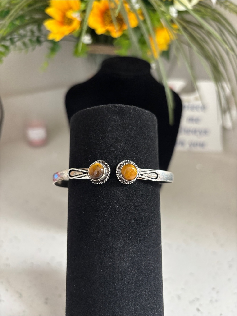 Sterling Silver Tigers Eye Gemstone Cuff Bangle Bracelet - Adjustable